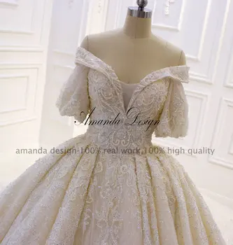 Amanda Design gelinlik 2019 Off Ramenski Luksuzni Kristalno Šampanjec Puff Rokav Poročno Obleko