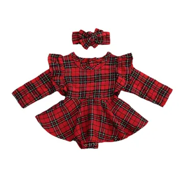 Božič Novorojenega Dojenčka Dolg Rokav Romper+Hairband Kariran Ruffle Spodnji Gumb Princesa Spring Oblačila