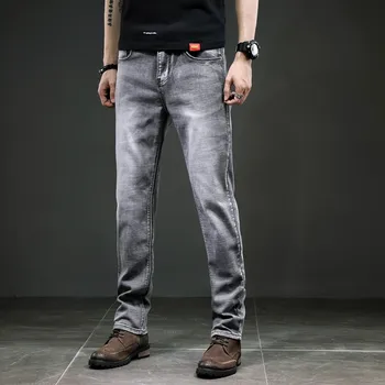 Moda za moške Jeans Klasične Ravne Sivo Stretchy Pomlad in Poletje Luksuzne blagovne Znamke Moških Denim Jeans Hlače Poslovnih Hlač