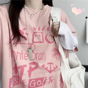 Dolgo rokavi t-shirt ženski jeseni korejska različica ins Japonski pisavi, grafiti tiskanje šivanje ponaredek dve ohlapno študent vrhovi