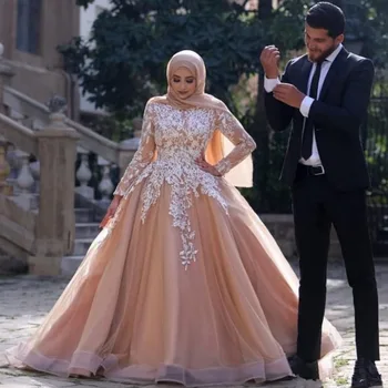 Luksuzni arabski Muslimani 2021 Žogo Obleke Poročne Obleke Visoko Vratu Dolge Rokave Poročne Halje Čipke Til Zamah Vlak oblačilih, de mariee