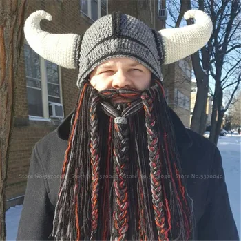Božič Viking Rog Volne, Pletene Klobuk Masko Moških Brkati Smešno Kape Stranka Pozimi Ročno Pokrivala Festival Darilo Cosplay Kostumi