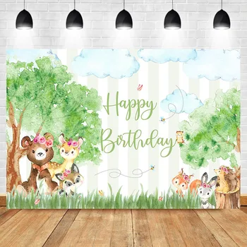 Gozd Happy Birthday Ozadje Akvarel Slika Jungle Živali Fotografiji V Ozadju Gozd Baby Tuš Banner Dekoracijo