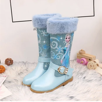 Elsa Princesa Otroci Škornji z Visoko Dekleta Pozimi Toplo Plišastih Sneg Škornji Disney Zamrznjene Tiskanja otroški Škornji