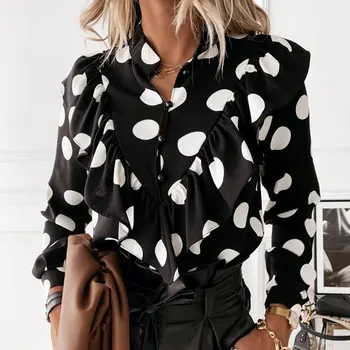 Priložnostne Leopard Dot Tiskanja Ruffle Bluzo Majica Pomlad Dolgimi Rokavi Ženske Majice Elegantna Urad Dama Proti-Vrat Gumb Svoboden Vrhovi Urad