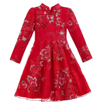 Rdeča silvestrovo Obleko Roža Punca Obleke Princess Čipke, Vezenine uspešnosti obleko dekle vestido chino stranka slavnostna obleka