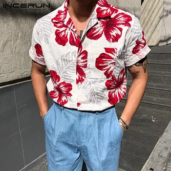 INCERUN Modni Moški Hawaiian Majica Cvet Tiskanja Kratek Rokav Elegantna River Camisas Hombre Ulica Počitnice Priložnostne Majice blagovne Znamke 2021