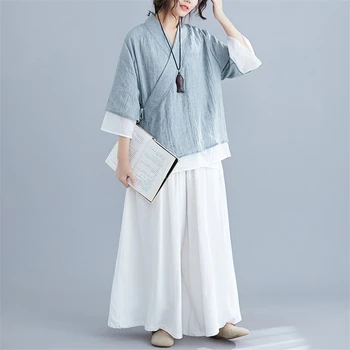 Tradicionalna Kitajska Ženske Bluze Perilo Vrhovi Joga Set Hlače Retro Kimono Jopico Plašč Tai Chi Enotno Dihanje Priložnostne Hanfu