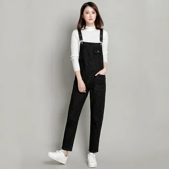 Ženske Velikosti Jeans Pomlad in Jesen Novo Slim-Fit hlače z Oprsnikom v korejskem Slogu, Črna Ohlapne Hlače Ženske Debelo AC32