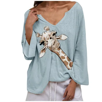 Žirafa Natisnjeni Ženske Tshirts Plus Velikost Ženske Srčkan Živali Dolg Rokav Proti Vratu T-shirt Priložnostne Prevelik Tee Shirt Femme Camisetas