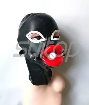 Catsuitop Novo latex maske z mehko rdeče ustnice pasom v črni in beli trim