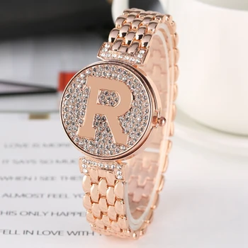 Črko R, Kristalno Diamond Edinstveno Pokrovček Quartz uro Moda Bling Priložnostne Ženske Zapestnico Watch Golden Watch feminino relogio