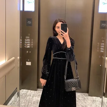 Elegantno Vintage Obleko Za Ženske Črna Stranka Obleko Ženski Priložnostne Proti-Vrat Pika Visoko Pasu Moda Midi Gothic Obleko Jeseni Leta 2020 Korejski