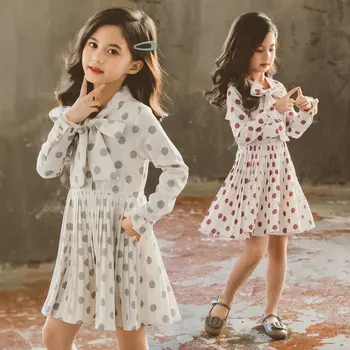 Otroci Trdna Pika Bowtie Obleko Spredaj Naguban Dekleta Lepe Obleke Otroci 2020 Bluzo Slog Črte Otrok Koleno Dolžina Šifon Obleke