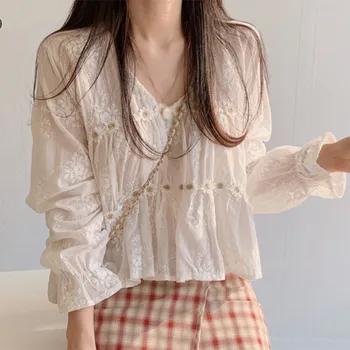 Elegantna Votel, Proti-vrat Bluzo korejski Moda Cvet Bluze za Ženske Pomlad Jesen Long Sleeve Majica Vrhovi