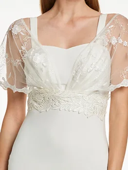 Dressv belo dolgo večerno obleko poceni kratkimi rokavi v vratu plašč appliques svate formalno obleko večerne obleke