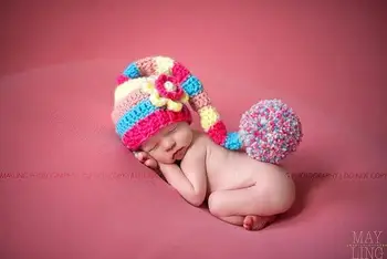Brezplačna dostava, Nove Crochet Baby Pixie Elf Klobuk & cvetje Kape Božič Dolgim Repom klobuk , Newborn Baby Foto rekviziti velikost:0-1m,3-4m
