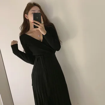 Eleganten V-izrez Temperament Obleke Trdna korejskem Slogu Dolg Rokav Jeseni Pleteno Obleko Ženski Jeseni, Zime Dolge Obleke do leta 2020
