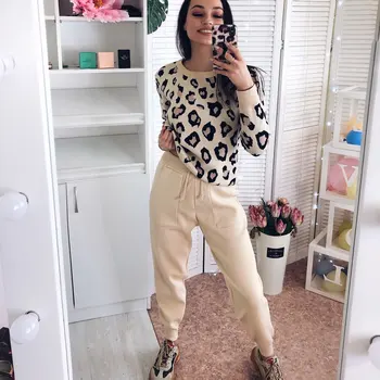 Sweatsuits za Ženske Pletene Obleke Leopard Dolg Rokav O-vratu Jopica + Elastični Pas, Žep Harem Hlače Določa Trenirka Ženske