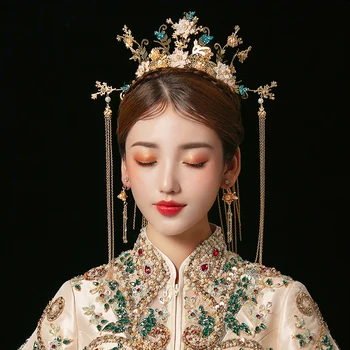 HIMSTORY Tradicionalni Kitajski Stil Poročne Zlati Headdress Modra Cvetlični Stari Lasnice Beaded Poročni Nakit, Pribor za Lase