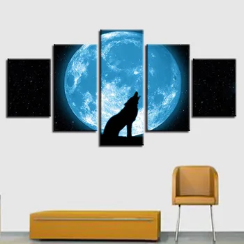 Sodobno Tiskanje Wall Art 5 Kosov Luna In Živalskih Tuljenje Volka Povzetek Night Scene Slike Dekor Modularni Plakat Platno Slike