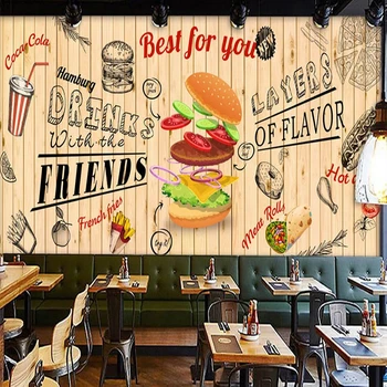 Po meri Moralno Ozadje 3D Ročno poslikano Hamburg Fast Food Restavracija, Snack Bar Stenske Nalepke, 3D Samolepilni Vodoodporno Freskami