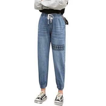 Vezenje Jeans Ženska Visoko Pasu Plus Velikost Vrvico Svoboden Velike Gleženj-dolžina Harem Hlače 7xl 8xl
