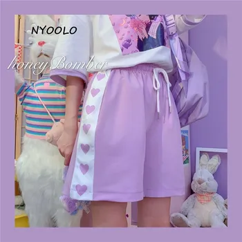 NYOOLO Harajuku slog srce Ljubezni, tiskanje mozaik visoko pasu hlače ženske 2020 poletje elastični pas, Vrvico sladka dekleta hlače