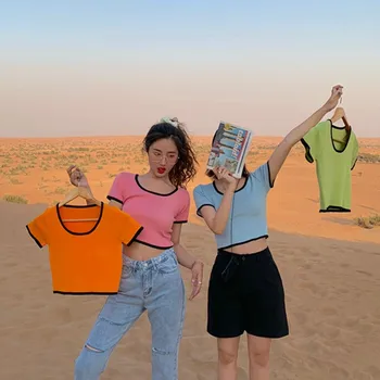 Ženske korejski Slog Priložnostne Tee Shirt O Vrat Kontrast Barve, Kratek Rokav, Slim Fit Vrh Dame T-Shirt