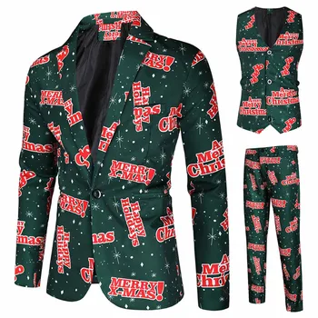 Men ' s Slim Obleke Božič 3D Tiskanih Tri-Kos Obleko Blazerji Jakno, Hlače, Hlače Waistcoat Določa Prom Stranka Fazi Kostume#g3