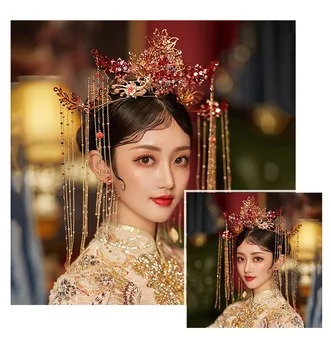 HIMSTORY Najnovejši Kitajski Nevesta Pokrivala Uhan Krono Dolgo Tassel Lase Coronet Phoenix Poročni Dodatki za Lase Lase, Nakit