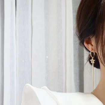 Luksuzni Kubičnih Cirkon CZ Star Visijo Uhani za Ženske Japonski&Koreja Nov Slog 14K Resnično Zlata Dolgo Spusti Uhani