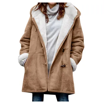 2020 Ženske Zimske Plus Velikost Trdnih Coats Plus Žametni Plašč Dolg Rokav Rog Sponke Žep Suknji Hooded Toplo Coats