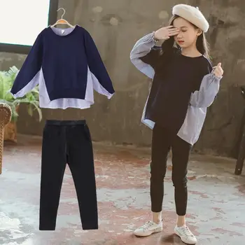 Dekleta Določa Oblačila Dekleta Pomlad Oblačila 2020 Novi Korejski Mozaik Puloverju +Črne Hlače Obleko Dekleta Kompleti Oblačil Otrok