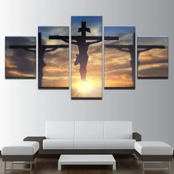 Okvir Platno Wall Art Plakat Doma Dekoracijo dnevne Sobe, Moderne 5 Plošči Jezusa Kristusa Križ HD Tiskanja Modularni Slike Slikarstvo