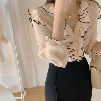 Kimotimo Korejski Fashion Majica Vrhovi Bluzo 2020 Jesen Pomlad Ruffles Sladko Šifon Proti-Vrat Urad Dama Elegantno Letnik Blusas
