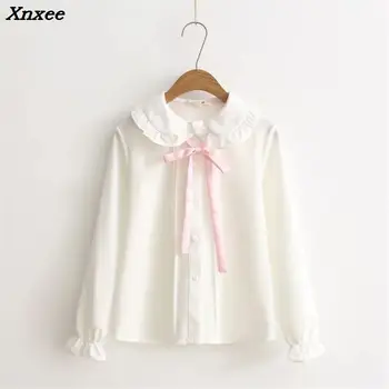 2018 Ženske bluze dekleta jeseni dolg rokav peter pan ovratnik bowknot belo bluzo majica Japonski šoli enotno Xnxee