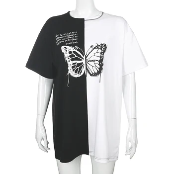 Waatfaak Kontrast Črno-Beli Ulične Oversize Majica Butterfly Tiskanje Harajuku Tshirt Ženska Hippe Punk Kratek Rokav