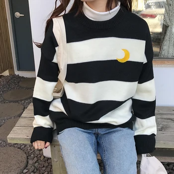 2019 Pozimi, Jeseni ženski Puloverji Kawaii Veter Sladkarije Kontrast Črtasto Luna Pulover Ženske korejski Harajuku Oblačila Za Ženske