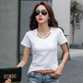 Korejski oblačila harajuku majica plus velikost ženske t shirt 2019 ženska oblačila Luknjo Kratek Trdno V-Neck ženske tshirt 2576 50