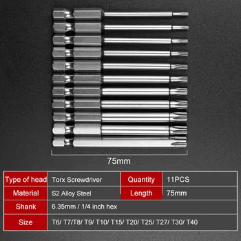 11pcs Magnetni Torx Izvijač Bits Set Električni izvijač T6-T40 S2 Jekla Izvijači Komplet Ročno Orodje 75 mm Dolžina