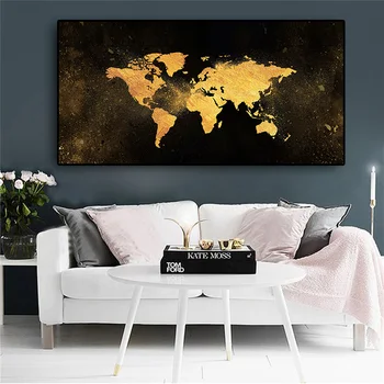 Velika Velikost Povzetek Črno Zlato Svetovni Zemljevid, Platno Slikarstvo Plakatov in Fotografij Nordijska Stenskih slikah, ki Živijo Otroci Soba Dekor