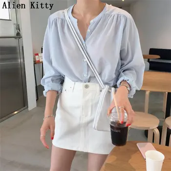 Tujec Kitty Retro Športna Eleganca Preprost, Kratek Nov Modni 2019 Koreja Sveže Poletje Ohlapne Dolge Rokave Vse Tekme Shirt 2 Barvi