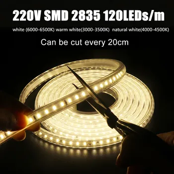 220V LED Trakovi, Visoko Svetlejši 120leds/m Fleksibilen 2835 LED Luči IP67 Nepremočljiva Naravno bela 4000K Bela, 6000K LED Trak Svetlobe