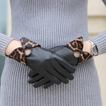 Pozimi Pravega Usnja Toplo Vožnje Rokavice Ženske Novost Leopard Tiskanja Bowknot Ovčje Kože Palčniki Guantes