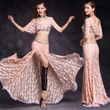 Nova Moda za Ženske, Ples, Oblačila, Cvetlični Čipke Razred Obrabe Off-ramo Strani Špranjske Ples Trebuh Kostum Set Top in Krilo