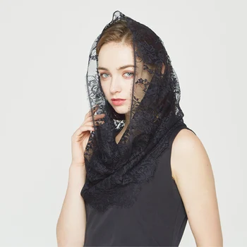 Bela črna Čipke design, moda ženske Obroči Vratu šal Tradicionalnih Mantilla za Cerkev Headcovering HeadWrap