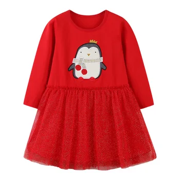 Malo maven Božič Rdeče Dekleta Obleko Oblačila Vestidos Živali Pingvin Aplicirano Oblačila za Otroke Dekle z Dolgimi Rokavi Očesa Obleke