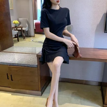Kratek Rokav Obleka Ženske Naguban Vrvico Slim Elastična Visoko-pas Mini Obleke Seksi Dame v korejskem slogu Trdna Preprosta Modna