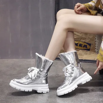 Fujin Ženske Snow Škornji 2021 Pozimi Čipke Nepremočljiva Usnja Dolgo Toplo Samta Platformo Škornji, Čevlji za Sneg Škornji Zimski za Ženske